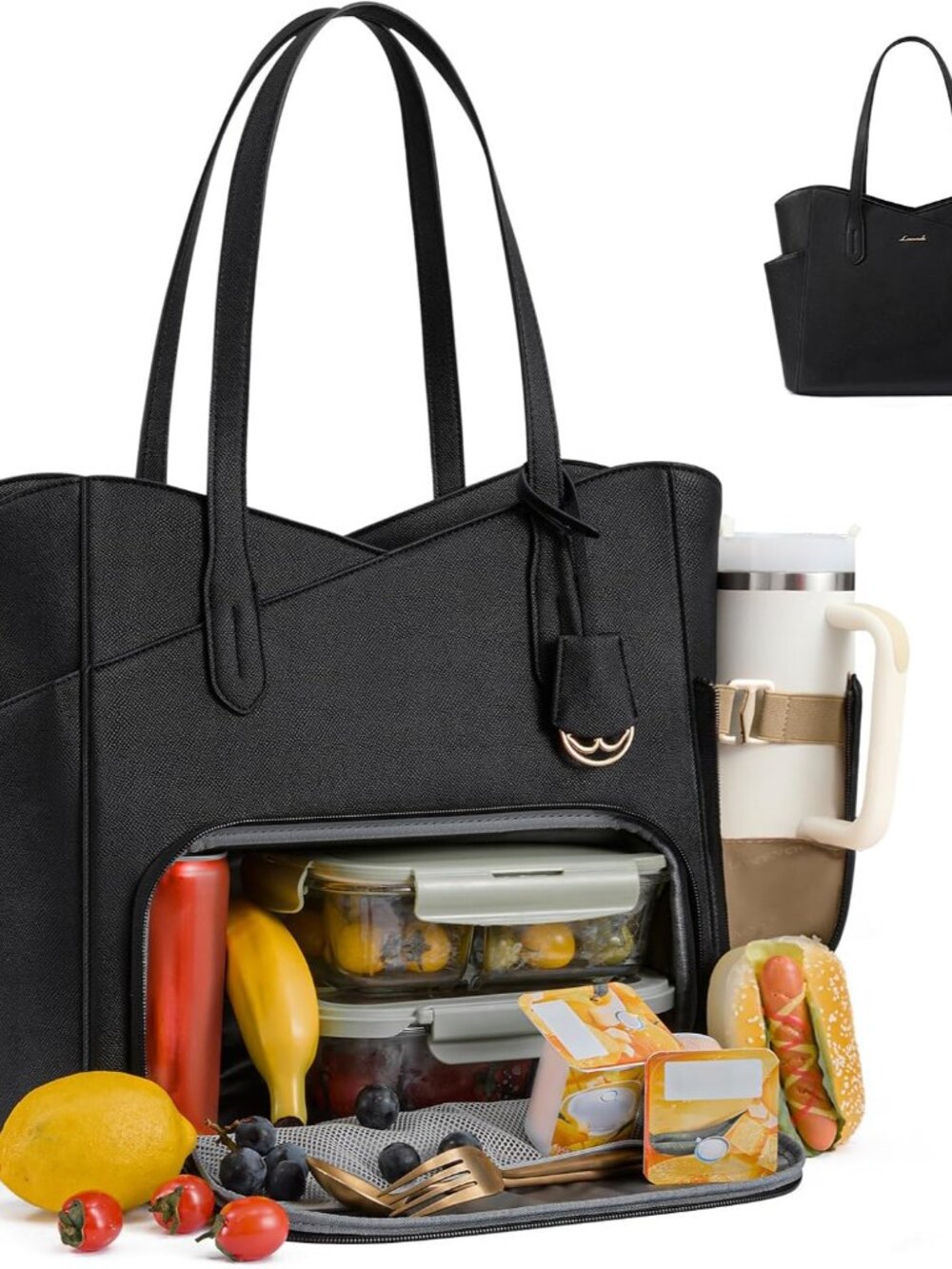 Lunch Bag for Women,2 in 1 PU Work Tote Bag with Lunch Compartment with Giant Tu